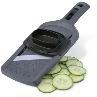 Fackelmann Gemüsehobel aus Edelstahl mit 4 Stufen-Schneider | Mit ergonomischem Schiebregler und Restehalter, für präzises Schneiden, Reinigung per Hand – Made in Germany