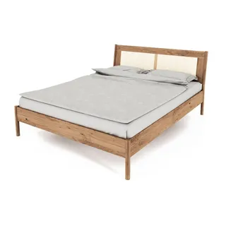 Natur24 Bett Zola Bett Wildeiche massiv bianco 200x200 mit Rattankopfteil braun