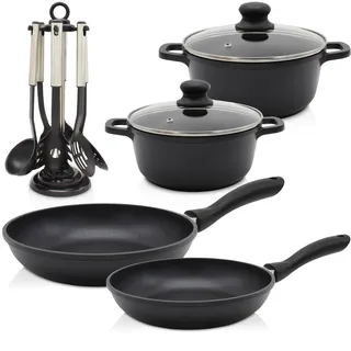 Krüger Aluguss-Topf-Set 4-tlg. schwarz 2 x Kochtopf + 2 x Bratpfanne + Zubehör Set