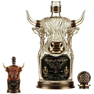 Highland Cow Private Cask 21 Jahre Scotch Whisky Flasche in Kuhkopfform, 3D Whiskey Dekanter, mundgeblasene Kunstglasstatue dekorative Whisky Dekanterflasche aus Glas für Liebhaber Hausbar