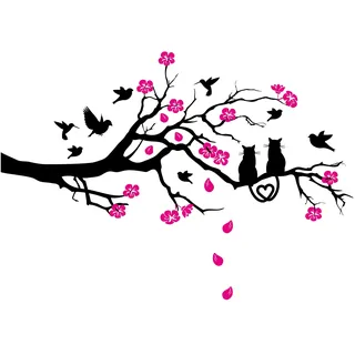 Wandtattoo mit Ast Zweig Kirschblüten 115x52cm Wandbild personalisiert Aufkleber selbst gestalten für Garderobe Flur Eingang Wohnzimmer Schlafzimmer Wandaufkleber Deko Baum (02 Katze, Ohne Wunschtext)