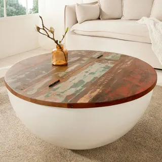 riess-ambiente Design Couchtisch JAKARTA 70cm weiß Massivholz rund aus recycelten Fischerbooten mit Stauraum Beistelltisch Tisch - Weiß