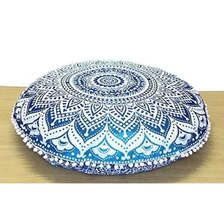 Mandala-Bodenkissenbezug, 81,3 cm, rund, bunt, dekorativ, Boho-Chic, für Hundebett, indischer Pouf, Ottomane, handgefertigt, Ombre-Blau