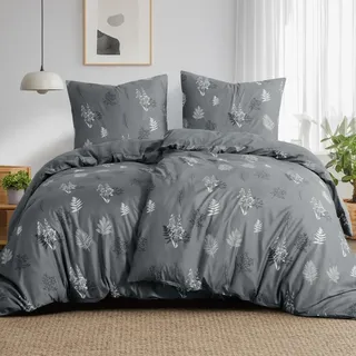 Aisbo Bettwäsche 135x200 4teilig Bettbezug - Mikrofaser Bettwäsche-Sets Floral und Blätter Blumen Muster Grau mit Reißverschluss, ÖKO-TEX Bettdeckenbezug 135x200cm mit 2 Kissenbezüge 80x80cm