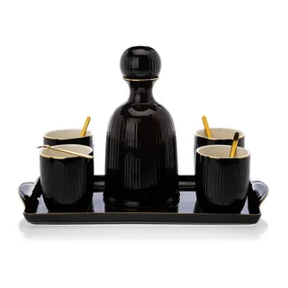 HowHomely Karaffe mit Deckel 1,2 L und Tassen Set mit Löffeln und Serviertablett | Elegantes Set für 4 Personen | Keramik Service & Geschirrsets (Schwarz-Gold)