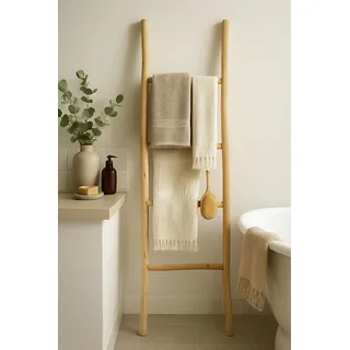 Biscottini Badezimmer Handtuchleiter 128 x 32 x 3 cm Dekorative Holzleiter zum Aufhängen von Handtüchern Bambus Handtuchleiter Wandmontage Metall