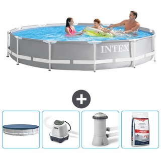 Intex Pool mit rundem Prismenrahmen – 366 x 76 cm – Grau – im Lieferumfang enthalten Abdeckung - Salzwassersystem - Filterpumpe für Schwimmb...