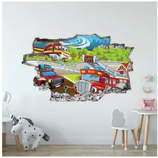 GRAVURZEILE Wandtattoo im Feuerwehr Design - Kinderzimmer -Wandsticker Wandaufkleber - (3D Wanddurchbruch & Deko, - Größe 115 x 70 cm), - V1 bunt