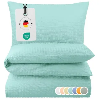 Carpe Sonno Bettwäsche Seersucker 135 x 200 155 x 220 Bügelfrei Sommer Uni 100% Baumwolle, Seersucker, 2 teilig, Leicht kühlender Bettbezug Reißverschluss & OEKO-TEX Mint 155x220 grün