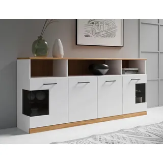 OTTO home Sideboard RIBE20 Fronten massiv,Korpus Melamin, 2 Türen mit Glaseinsatz, B/T/H: 180/35/80cm, schwarze Metall Griffe,2 Türen mit Glaseinsatz weiß
