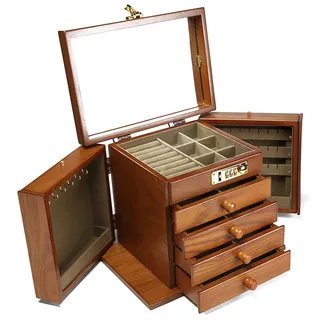 MINRS Schmuckkästchen, Schmuckaufbewahrung, Passwort-Schloss, Rustikales Holz Groß Schmuckkasten Organizers mit Spiegel, 4 Ebenen Schmuckbox für Ringe, Ohrringe, Halsketten, Armbänder (Braun)