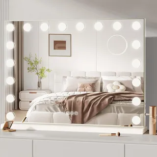 Dripex Hollywood Schminktischspiegel mit Beleuchtung, Schminkspiegel mit 18 Lampen und 3 Farbtemperatur Licht, Kosmetikspiegel mit Touch Steuerung, 80 x 60 cm Weiß, Aufstellung oder Wandmontage
