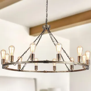 Eoodis Kronleuchter Gold Vintage 12-flammig Wagenrad Kronleuchter Ø100cm Rustikale Landhausstil Pendelleuchte Höhenverstellbar, E27 Hängelampe Messing für Esszimmer, Wohnzimmer, Küche