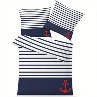GEDAEUBA Maritim Anker Bettwäsche 135x200 - Marineblau Weiß Gestreift Bettbezug, Wendebettwäsche und Kissenbezug 80x80, Weiche & Angenehme Mikrofaser Bettwäsche-Sets mit Reißverschluss