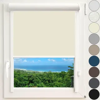 Kassettenrollo Thermorollo Verdunkelungsrollo Fenster Rollo mit Kassette und Führungsschienen zentimetergenaue Maßanfertigung Montage zum Kleben ohne Bohren Silberne Beschichtung Farbe Creme