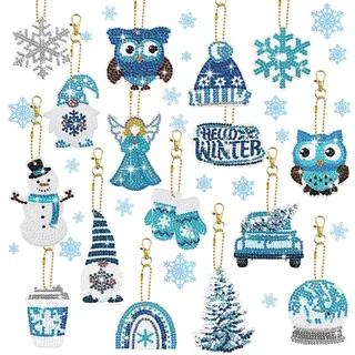 Homgaty Diamond Painting Weihnachten Anhänger, 16 Stück 5D Diamant Painting Schlüsselanhänger, Doppelseitige DIY Schneeflocken Eule Diamant Malerei Kit für Weihnachtendeko und Geschenk