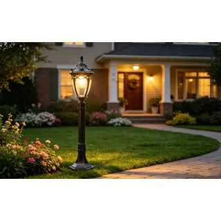 Chao Zan H80cm Schwarz Außen Mastleuchte Garten Laterne Landhaus IP55/E27 Aluminium Laterne