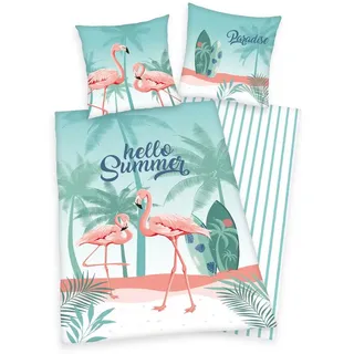 Herding Kinderbettwäsche Wende Bettwäsche Set mit Flamingo 135 x 200 + 80 x 80 cm, 2 teilig, Langlebig bunt