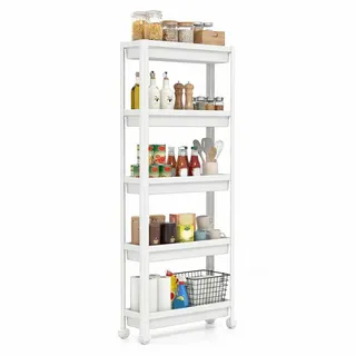 COSTWAY Rollwagen, schmal Nischenregal Küchenwagen auf Rollen Kunststoff weiß 54 cm x 124 cm x 18.5 cm
