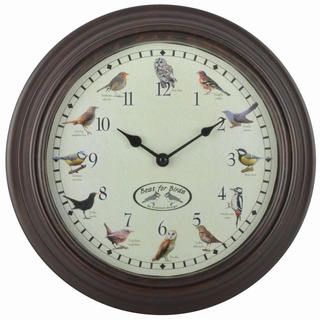 esschert design Futterstation, Uhr mit Vogelgezwitscher Ø30 cm Gartenuhr mit Vogelmotiven braun