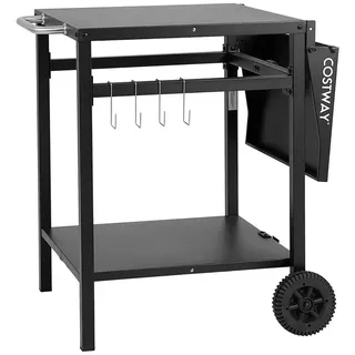 COSTWAY Grillablagetisch, mit 2 Ablagen, 4 Haken & klappbarer Tischplatte schwarz