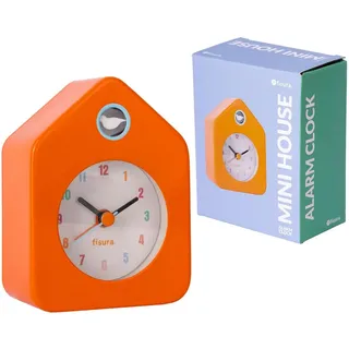 Fisura – Mini-Haus-Wecker Orange. Analoger Wecker ohne Tick-Tack. Kleine originelle Alarmuhr. 9,7 Zentimeter x 7,3 Zentimeter x 4,5 Zentimeter. 1 AA-Batterie