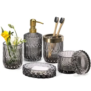 EMPO 6-teiliges Badezimmer-Zubehör-Set aus klarem Glas (Lotion-Seifenspender, Seifenschale, Zahnbürstenhalter, Becher, Wattestäbchen-Glas), Moderne Dekoration, Kristall-Vintage-Geschenk (Grau)