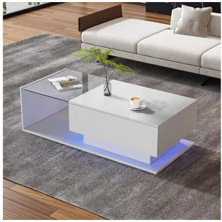 STILVORA Couchtisch Sofatisch mit Glastischplatte,Wohnzimmertisch mit LED&Lagerung,Weiß (mit 1 Schublade,100x50x32cm), mit Glasplatte und Schubladen, kratzfest weiß