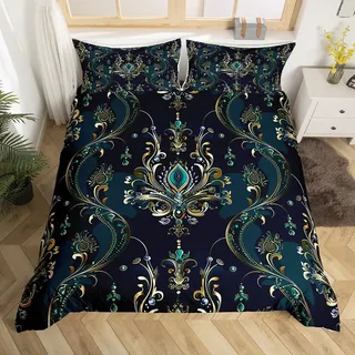 Homewish Gold Damast Bettbezug Set Gothic 135x200 Bettwäsche Sets,Viktorianische Tröster Bezug Vintage Barock Blumen Gothic Bett Set Antike Exotische Blumen Böhmische Dekor