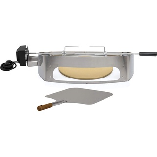 BBQ-Toro Edelstahl Pizzaring Set mit Grillspieß | Pizzaeinsatz und Drehspieß passend für Weber Q300 / Q3000 Serie | Rotisserie mit Motor und Pizza Element inkl. Schaufel und Pizzastein