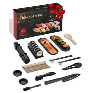 Vikkivikki Sushi Maker Set, Sushi Set für Anfänger, Komplett Kit zum Selber Machen mit Sushi Bazooka, Bambus Rollmatte, Stäbchen, Teller, Onigiri Form & Zubehör. (Schwarz)