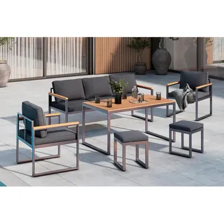 Ambia Garden Dining-Loungeset, Grau, Natur, Metall, Kunststoff, Textil, 6-teilig, Füllung: Schaumstoff,Polyester, eckig, 180x71x65 cm, Loungemöbel, Loungemöbel-Sets