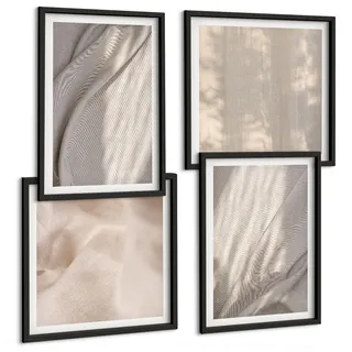 BILDER SET 4er Set - 50x50 cm & 40x60 cm Schwarzer Rahmen - Nahaufnahme von natürlichen Boho-Stoffen