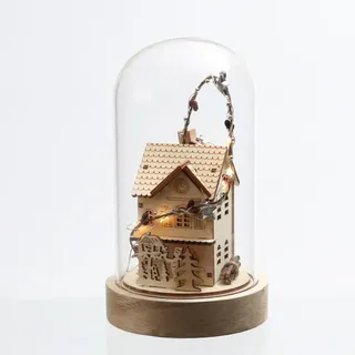 MARELIDA LED Deko in Glaskuppel beleuchtet Holzhaus Weihnachtsdeko 10 LED H: 20cm natur