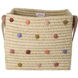 Rice, Aufbewahrungskorb, - Raffia Square Basket with Dots and Leather Handles