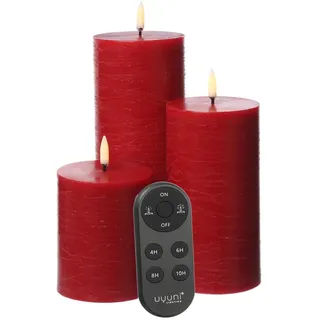 LED Kerzenset PIA Uyuni Rustik-Optik 3 Größen rot mit Batterien Fernb.