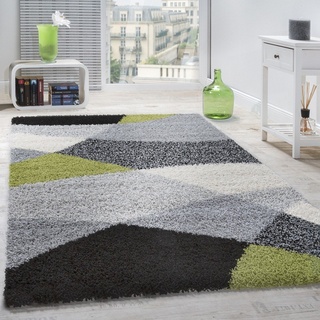 Paco Home Shaggy Teppich Hochflor Langflor Weich Geometrisch Gemustert Grau Schwarz Grün, Grösse:140x200 cm