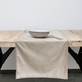 Tischläufer aus Samt mit Stickerei, Tischläufer für Tischdekoration aus Samt, dekorativ, für Esszimmer, Küche, Taupe, 150 x 45 cm