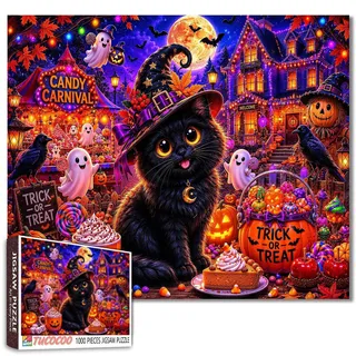 Halloween-Katzen-Puzzle: Süßigkeiten-Karneval, Puzzle mit Kürbis und Geist, 1000 Teile – Puzzles für Erwachsene und Anfänger, Bild im Gothic-Stil anspruchsvolle Familienaktivität Spiele Bastelprojekt