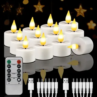 LED-Teelichter Wiederaufladbar mit fernbedienung ,Flammenlose LED Kerzen mit Timer, 12 Stück,USB Elektrische Aufladbare Kerzen für Hochzeiten Partys - Weiß