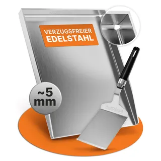 AMZBBQ® Premium Plancha Set - 40 x 30 cm - ca. 5 mm massiver Edelstahl - 20% stärker als herkömmliche Planchas - Grillplatte für Gas & Kohlegrill - Grillzubehör Geschenk für Männer inkl. Grillspachtel