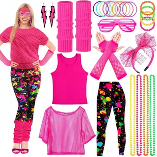 Vautvis 80er Jahre Outfit Damen, Kostüm 80er Jahre Damen Mit Zubehör | 80er Jahre Retro Party Outfit Damen, 90er Jahre Kleidung Mit Netzshirt Damen, Leggings, Stirnband, Ohrringe