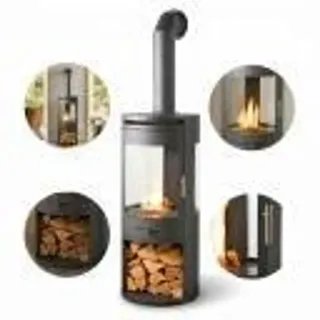 OKO S7 Panorama Bioethanol Kamin mit Holzfach und hoher Design-Rauchrohrsäule (157,5 × 42,7 × 42,7 cm) - Schwarz