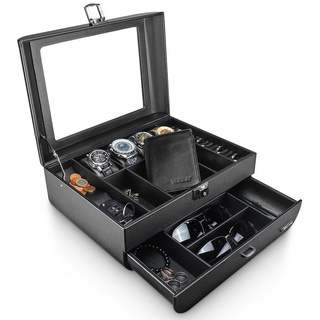Yorbay Uhrenbox Uhrenbox für Herren, zwei Schichten, mit Glasdeckel, Schwarz (Uhren Aufbewahrungsbox, abschließbar Schmuckkästchen), Schmuckkasten für Uhren Schmuck Ringe Broschen Brille schwarz