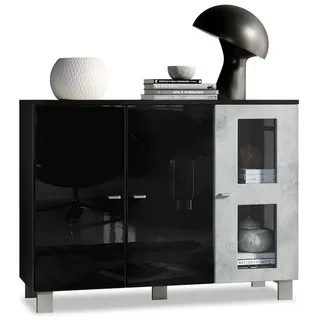Vladon Sideboard Denjo (Kommode, mit 3 Türen), Schwarz matt/Schwarz Hochglanz/Beton Oxid Optik (107 x 81 x 35 cm) grau