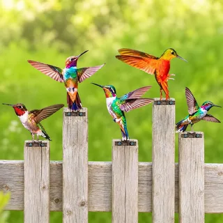 TZQFROCE 5 Stück Gartendeko Bemalte Vogel Vögel Gartenstecker Deko Gartendeko Für Draußen Metall Bunt Bemalte 2D Vogel Baumstecker für Gartendekoration Holz Zaunfiguren Frühling Bäume Deko