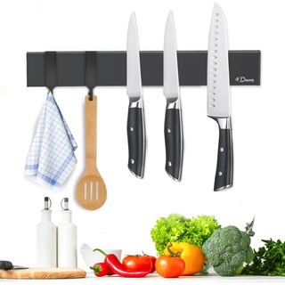 Dmore 25 cm Magnetleiste Messer mit 2 Haken, schwarzer Messerhalter magnetisch ohne Bohren, leistungsstarker Magnet Messerhalter, inklusive Klebeband und Schrauben für Messer, Utensilien und Werkzeuge