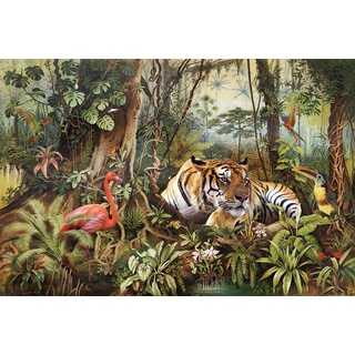 Glasbild FLAMINGO TRIFFT TIGER (BHT 150x100x,40 cm) - bunt