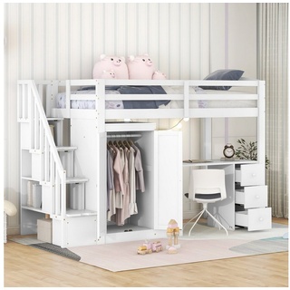 Ulife Hochbett Holzbett Kinderbett Einzelbett mit Schreibtisch und Kleiderschrank 90x200cm,Weiß weiß