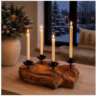 Online-Fuchs Adventskranz aus Wurzelholz mit schwarzen Stabkerzenhaltern - Weihnachstdeko, natürliche Gemütlichkeit und rustikaler Charme - 38 cm groß beige